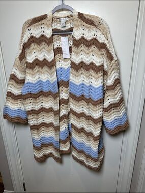 Design History Chevron Open Cardigan in Cream, Brown & Light Blue (001)